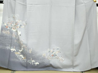 平和屋着物●訪問着　流水飛鶴草花文　暈し染め　金彩　正絹　逸品　DABK0042ud