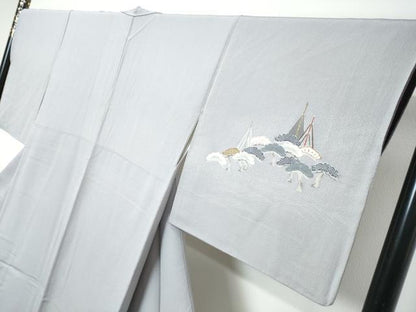 平和屋着物●訪問着　流水飛鶴草花文　暈し染め　金彩　正絹　逸品　DABK0042ud