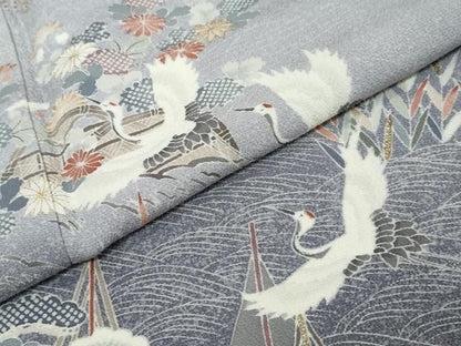 平和屋着物●訪問着　流水飛鶴草花文　暈し染め　金彩　正絹　逸品　DABK0042ud