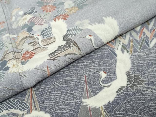 平和屋着物●訪問着　流水飛鶴草花文　暈し染め　金彩　正絹　逸品　DABK0042ud
