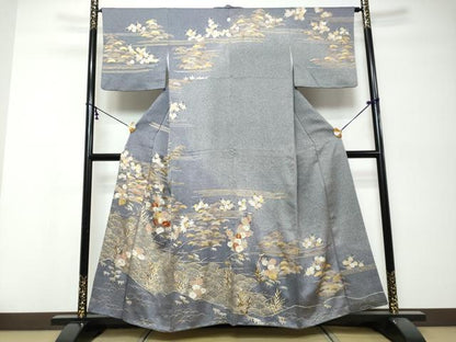平和屋着物●訪問着　駒刺繍　流水草花文　金彩　正絹　逸品　DABK0046ud