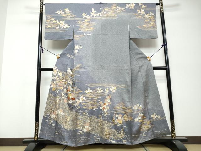 平和屋着物●訪問着　駒刺繍　流水草花文　金彩　正絹　逸品　DABK0046ud