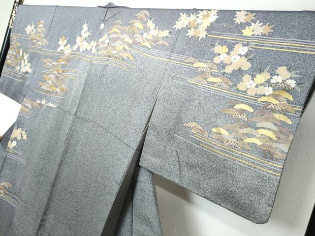 平和屋着物●訪問着　駒刺繍　流水草花文　金彩　正絹　逸品　DABK0046ud