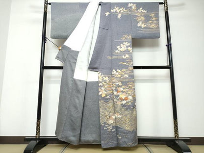 平和屋着物●訪問着　駒刺繍　流水草花文　金彩　正絹　逸品　DABK0046ud