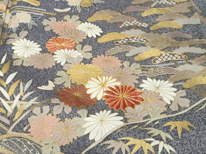 平和屋着物●訪問着　駒刺繍　流水草花文　金彩　正絹　逸品　DABK0046ud