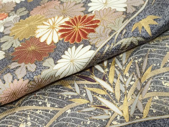 平和屋着物●訪問着　駒刺繍　流水草花文　金彩　正絹　逸品　DABK0046ud