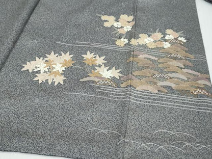 平和屋着物●訪問着　駒刺繍　流水草花文　金彩　正絹　逸品　DABK0046ud