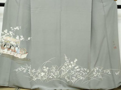 平和屋着物●京童人形絵師　高橋翠延　訪問着　人物風景草花文　金彩　正絹　逸品　DABK0047ud