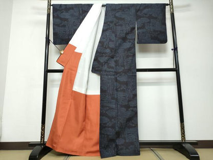 平和屋着物●本場結城紬　重要無形文化財　100亀甲　色紙重ね草花文　正絹　逸品　DABK0050ud