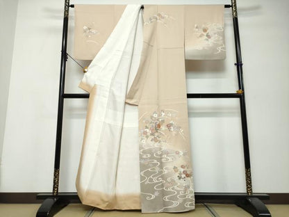 平和屋着物●訪問着　駒刺繍　流水草花文　暈し染め　金彩　正絹　逸品　DABK0057ud
