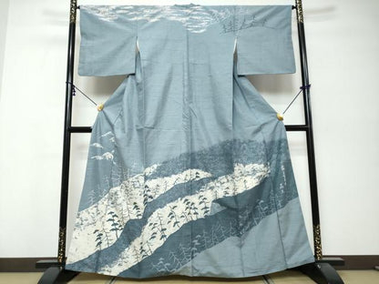 平和屋着物●ろうけつ染め作家　丸山扇丘　訪問着　紬地　霧の志賀高原　樹林文　正絹　逸品　DABK0059ud