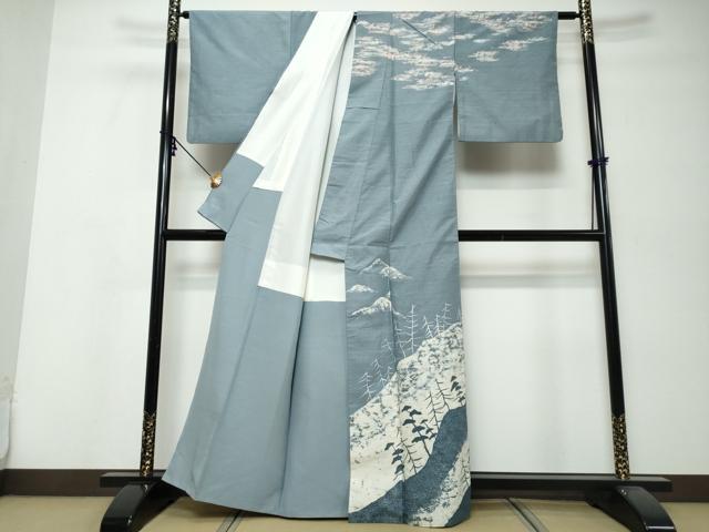 平和屋着物●ろうけつ染め作家　丸山扇丘　訪問着　紬地　霧の志賀高原　樹林文　正絹　逸品　DABK0059ud