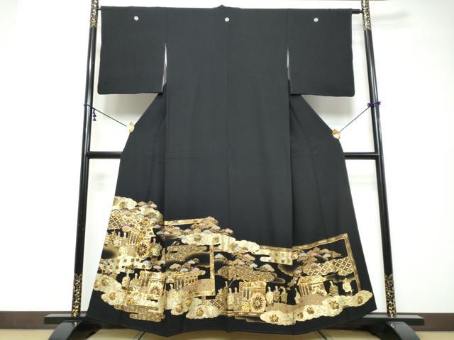 平和屋着物●豪華黒留袖　駒刺繍　御所車人物文　金彩　さが美扱い　正絹　逸品　DABK0071ud