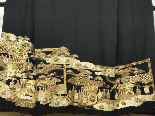 平和屋着物●豪華黒留袖　駒刺繍　御所車人物文　金彩　さが美扱い　正絹　逸品　DABK0071ud