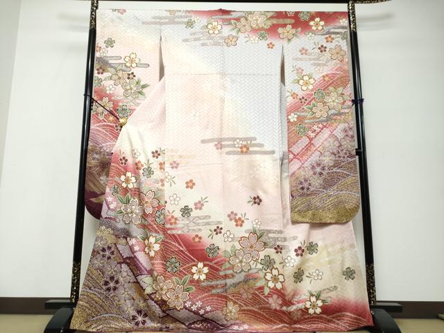 平和屋着物●豪華振袖　作家物　エ霞舞花文　暈し染め　金彩　正絹　逸品　DABK0081ud