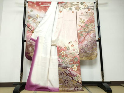平和屋着物●豪華振袖　作家物　エ霞舞花文　暈し染め　金彩　正絹　逸品　DABK0081ud