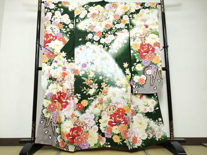 平和屋着物●豪華振袖　御所車草花文　暈し染め　金彩　正絹　逸品　DABK0175ud