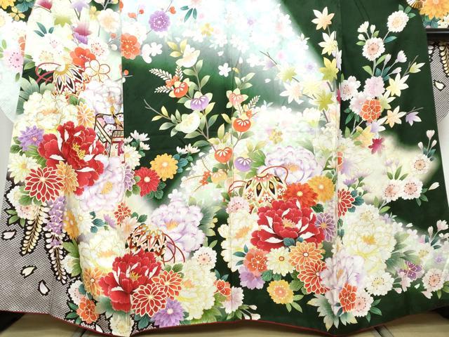 平和屋着物●豪華振袖　御所車草花文　暈し染め　金彩　正絹　逸品　DABK0175ud