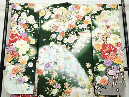 平和屋着物●豪華振袖　御所車草花文　暈し染め　金彩　正絹　逸品　DABK0175ud