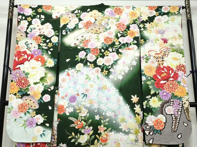 平和屋着物●豪華振袖　御所車草花文　暈し染め　金彩　正絹　逸品　DABK0175ud