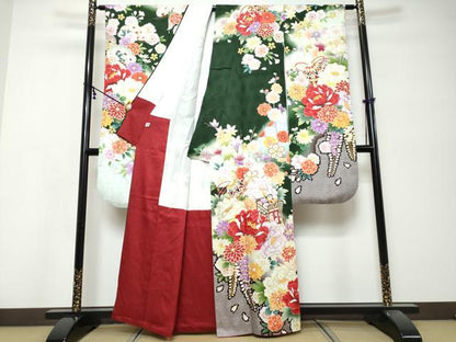 平和屋着物●豪華振袖　御所車草花文　暈し染め　金彩　正絹　逸品　DABK0175ud