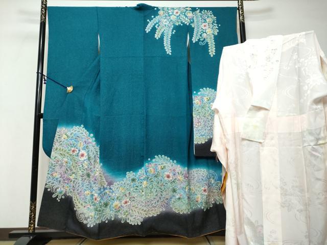 平和屋着物●豪華振袖・長襦袢（無双仕立て）セット　辻が花　暈し染め　金通し地　半衿刺繍　正絹　逸品　DABK0211ud