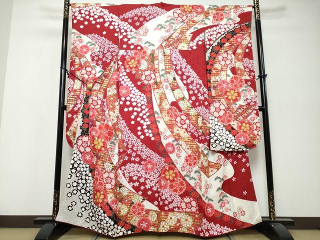 平和屋着物●豪華振袖　駒刺繍　熨斗草花文　金彩　正絹　逸品　DABK0238ud