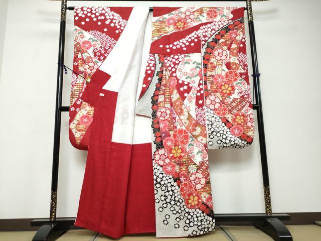 平和屋着物●豪華振袖　駒刺繍　熨斗草花文　金彩　正絹　逸品　DABK0238ud