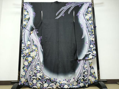 平和屋着物●豪華振袖　作家物　絞り　辻が花　暈し染め　黒地　金通し地　正絹　逸品　DABK0240ud