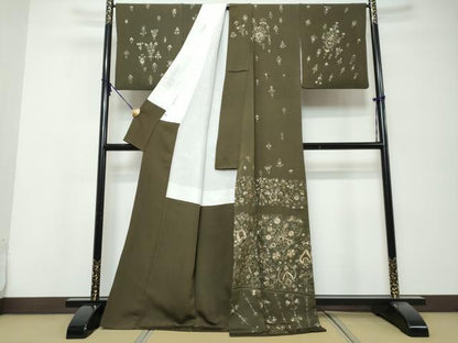 平和屋着物●訪問着　総刺繍　更紗洋花文　金糸　正絹　逸品　DABK0243ud