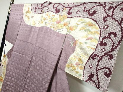 平和屋着物●創業460年・千總　訪問着　駒刺繍　絞り　流水草花籬文　金彩　正絹　逸品　DABK0248ud