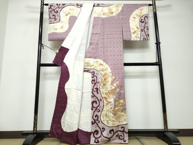 平和屋着物●創業460年・千總　訪問着　駒刺繍　絞り　流水草花籬文　金彩　正絹　逸品　DABK0248ud