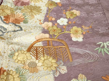 平和屋着物●創業460年・千總　訪問着　駒刺繍　絞り　流水草花籬文　金彩　正絹　逸品　DABK0248ud