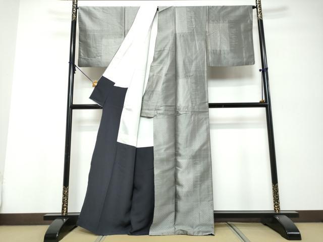平和屋着物●上質なお召　変わり格子文　正絹　逸品　DABK0259ud