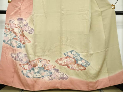 平和屋着物●訪問着　絞り　雲取草花文　暈し染め　金彩　正絹　逸品　DABK0283ud