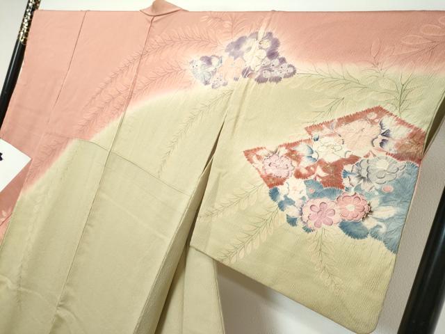 平和屋着物●訪問着　絞り　雲取草花文　暈し染め　金彩　正絹　逸品　DABK0283ud