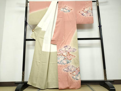 平和屋着物●訪問着　絞り　雲取草花文　暈し染め　金彩　正絹　逸品　DABK0283ud