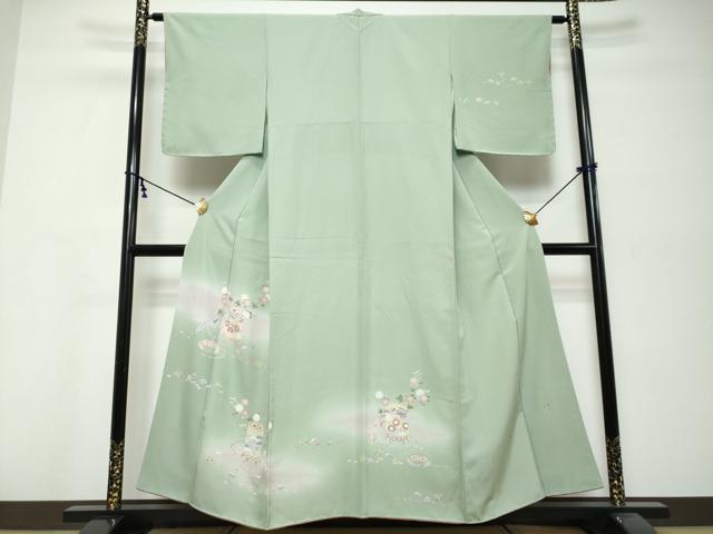 平和屋着物●訪問着　友禅　作家物　貝桶草花文　暈し染め　正絹　逸品　未使用　DABK0288ud