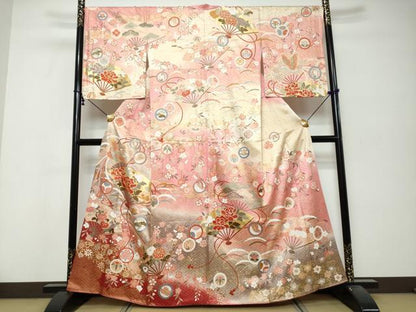 平和屋着物●訪問着　駒刺繍　扇面花蝶文　暈し染め　金彩　正絹　逸品　DABK0293ud