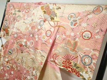 平和屋着物●訪問着　駒刺繍　扇面花蝶文　暈し染め　金彩　正絹　逸品　DABK0293ud
