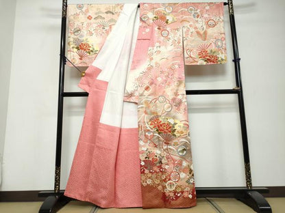 平和屋着物●訪問着　駒刺繍　扇面花蝶文　暈し染め　金彩　正絹　逸品　DABK0293ud