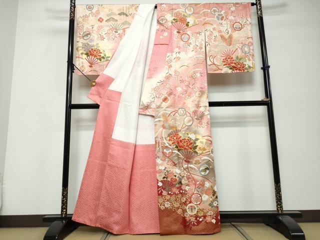 平和屋着物●訪問着　駒刺繍　扇面花蝶文　暈し染め　金彩　正絹　逸品　DABK0293ud