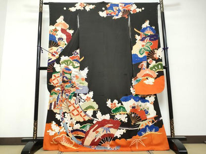 平和屋本店●アンティーク　大正ロマン　振袖　駒刺繍　扇面御所車草花文　黒地　金彩　正絹　逸品　DABK0300ud
