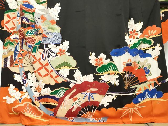 平和屋本店●アンティーク　大正ロマン　振袖　駒刺繍　扇面御所車草花文　黒地　金彩　正絹　逸品　DABK0300ud