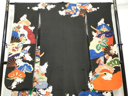 平和屋本店●アンティーク　大正ロマン　振袖　駒刺繍　扇面御所車草花文　黒地　金彩　正絹　逸品　DABK0300ud