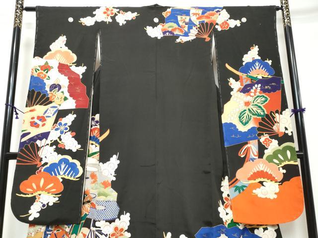 平和屋本店●アンティーク　大正ロマン　振袖　駒刺繍　扇面御所車草花文　黒地　金彩　正絹　逸品　DABK0300ud