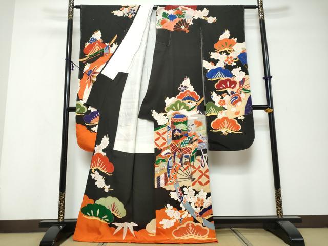 平和屋本店●アンティーク　大正ロマン　振袖　駒刺繍　扇面御所車草花文　黒地　金彩　正絹　逸品　DABK0300ud
