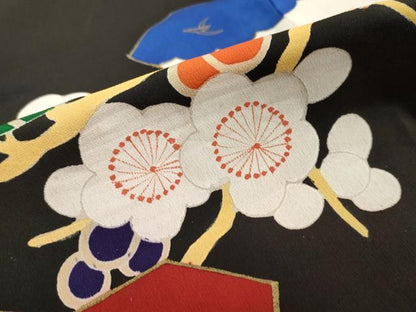 平和屋本店●アンティーク　大正ロマン　振袖　駒刺繍　扇面御所車草花文　黒地　金彩　正絹　逸品　DABK0300ud