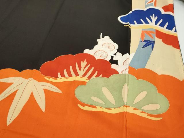 平和屋本店●アンティーク　大正ロマン　振袖　駒刺繍　扇面御所車草花文　黒地　金彩　正絹　逸品　DABK0300ud