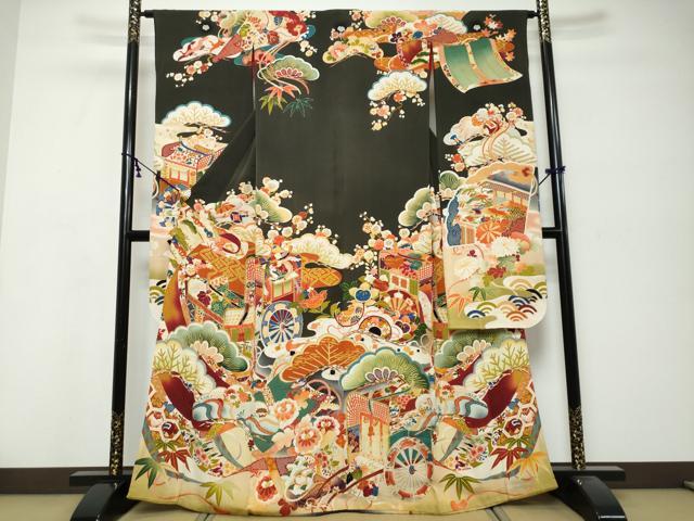 平和屋本店●アンティーク　大正ロマン　振袖　駒刺繍　御所車鳳凰草花文　黒地　正絹　逸品　DABK0301ud